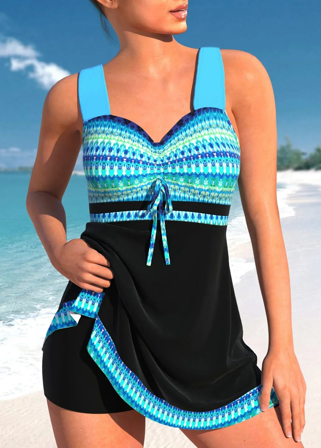 Heidi-Mode | Blauer, Schmaler, Leichter Patchwork-Tankini