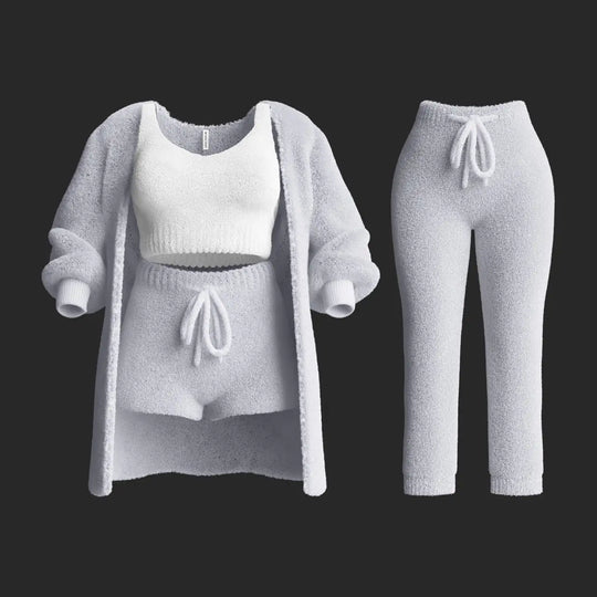 Gestreifter Plüschpullover mit langen Ärmeln und einem verkürzten ärmellosen Design kombiniert mit einem Short und Hose in einem vierteiligen Set