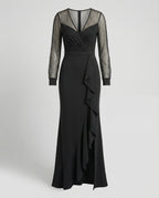 Langes, Glänzendes, Mit Pailletten Gerüschtes, Elegantes Abendkleid In Schwarz