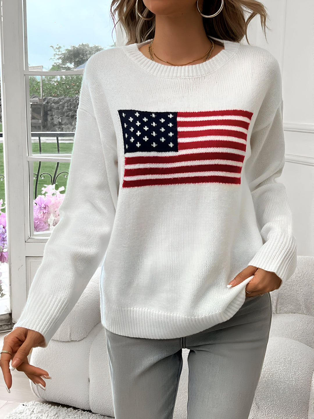 Heidi-Mode |  Amerikanische Flagge Rundhalsausschnitt Pullover